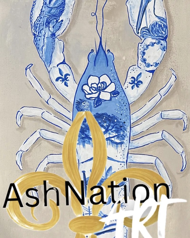 Hand-painted Cajun Chinoiserie crawfish on canvas, blue and white