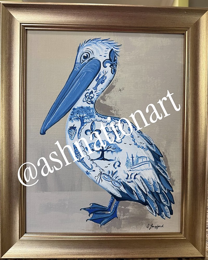 Hand-painted Cajun Chinoiserie pelican on canvas, blue and white