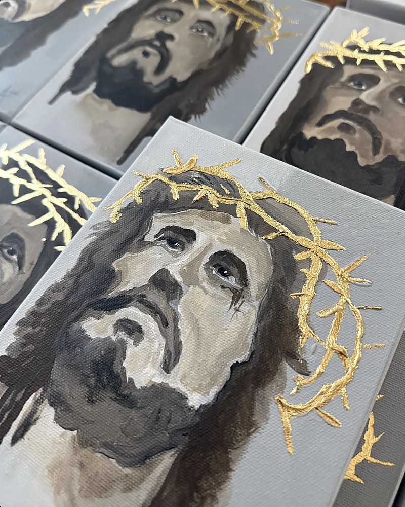 Hand-painted textured Jesus art with gold leaf accents