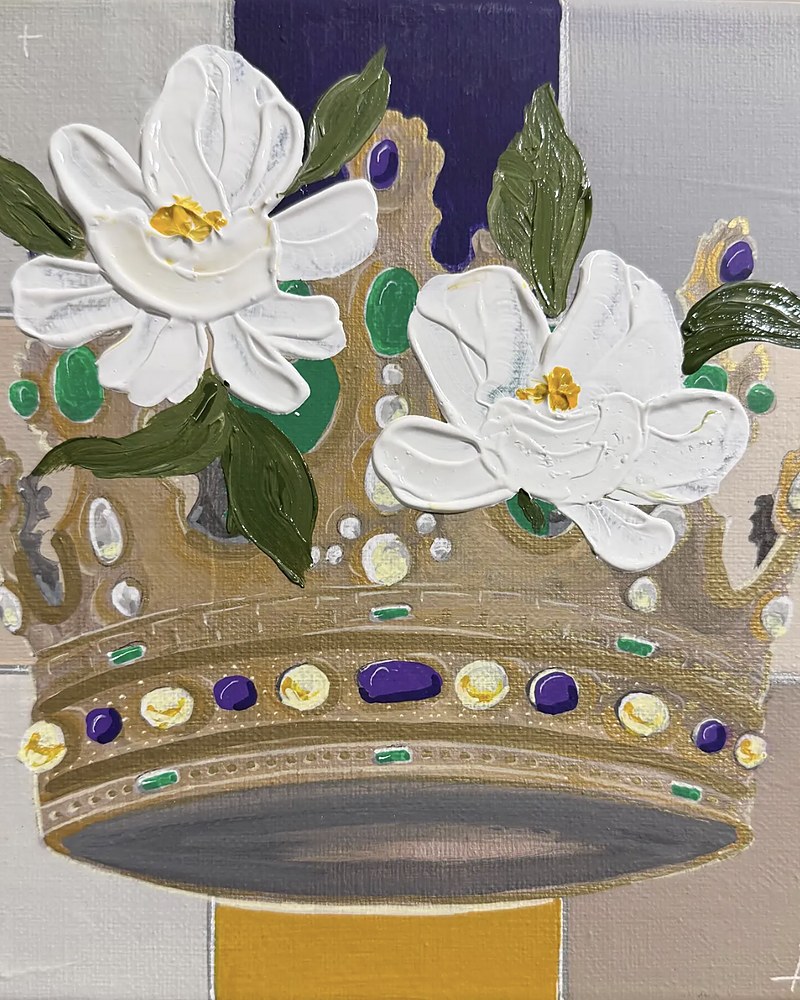 Hand-painted Mardi Gras crown with jeweled textured florals
