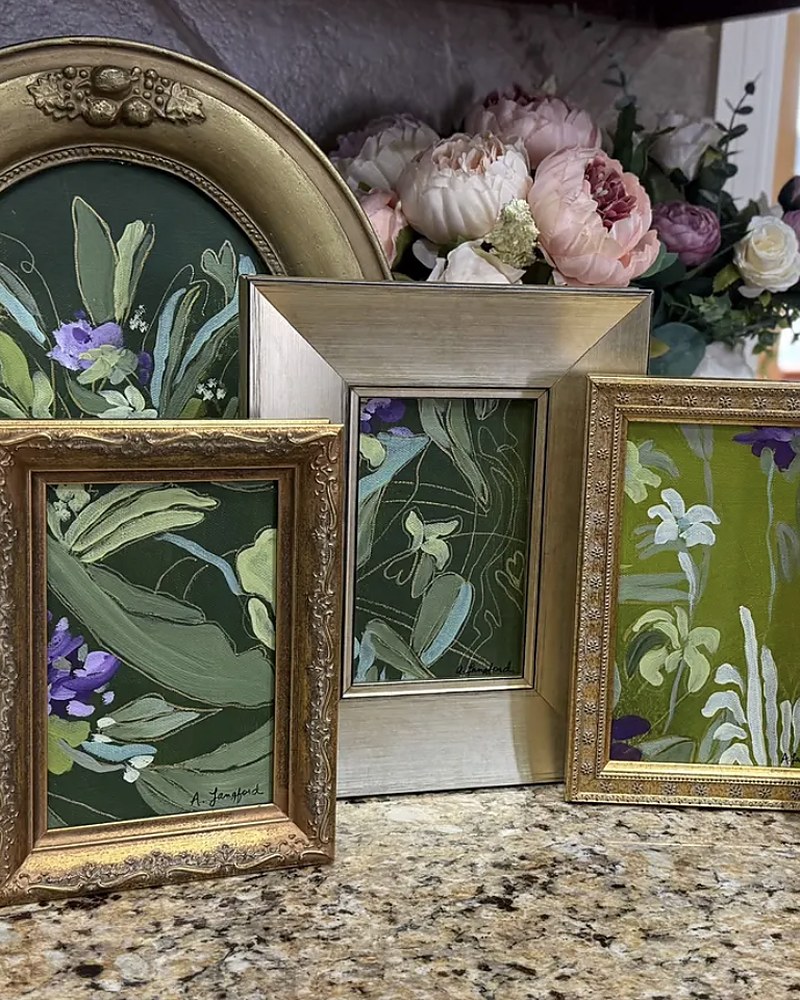 Hand-painted dark floral acrylic in greens and purples